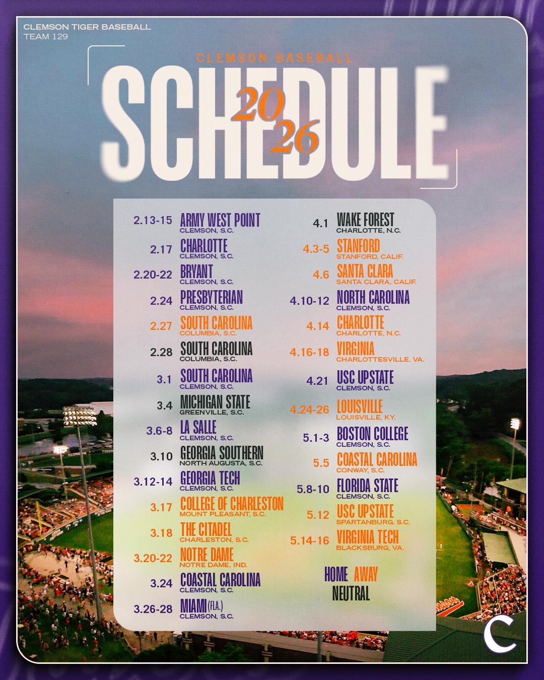 2026 Schedule Announced Clemson University Athletics 