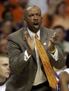 Clemson head coach Oliver Purnell cheers for his team against Villanova. (AP Photo/John Raoux)
