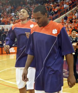 Clemson seniors David Potter, left, and Trevor Booker walk off the court following senior day ceremonies before an NCAA college basketball game against Georgia Tech on Tuesday, Mar. 2, 2010 at Littlejohn Coliseum in Clemson, S.C. (AP Photo/Anderson Independent-Mail, Mark Crammer)