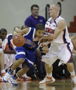 Clemson's Terrence Oglesby, right, puts pressure on Presbyterian College's Pierre Miller as he drives to the basket during the first half.