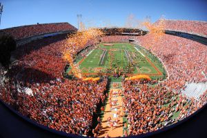 field pregame from top of scoreboard balloons