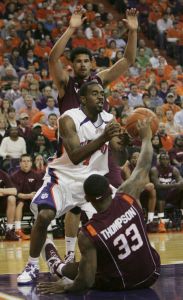 K.C. Rivers loses control of the ball as Virginia Tech's J.T. Thompson (33) and A.D. Vassallo (40) defend during the first half Wednesday, Feb. 25, 2009, at Littlejohn Coliseum in Clemson, S.C. (AP Photo/Mary Ann Chastain)