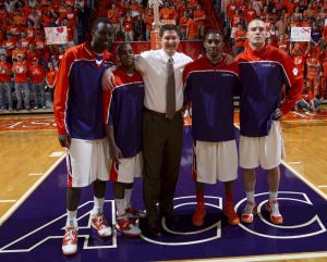 Head Coach Brad Brownell with Seniors Jerai Grant, Demontez Stitt, Zavier Anderson and Jonah Baize