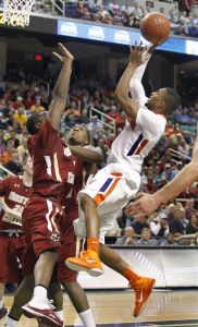 Clemson's Demontez Stitt, right, shoots over Boston College's Reggie Jackson, left, in the first half of Clemson's 70-47 win in an NCAA college basketball game at the Atlantic Coast Conference tournament in Greensboro, N.C., Friday, March 11, 2011. Stitt scored 20 points to lead Clemson. (AP Photo/Bob Leverone)