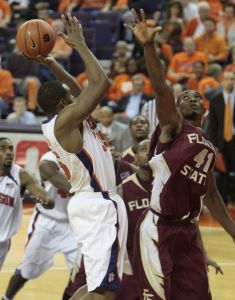Clemson's Trevor Booker shoots against Florida State's Uche Echefu during the second overtime.