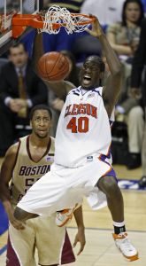 James Mays dunks as Josh Southern looks on in the first half.
