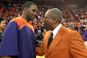 Clemson coach Oliver Purnell, right, hugs Trevor Booker during senior day ceremonies before an NCAA basketball game against Georgia Tech on Tuesday, March 2, 2010 at Littlejohn Coliseum in Clemson, S.C. (AP Photo/Anderson Independent-Mail, Mark Crammer)