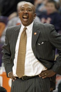 Clemson coach Oliver Purnell, reacts to a foul called on Trevor Booker during the second half of Clemson's 79-57 victory over Western Carolina in an NCAA college basketball game Tuesday, Dec. 22, 2009, at Littlejohn Coliseum, in Clemson, S.C. (AP Photo/Brett Flashnick)