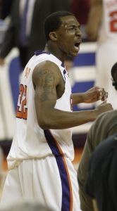 Sam Perry reacts after beating Wake Forest's in overtime of their bsaketball game in Clemson, S.C., Tuesday, Jan. 22, 2007. Clemson won 80-75 in overtime. (AP Photo/Patrick Collard)