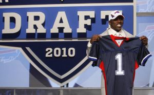 Clemson running back C.J. Spiller holds up a jersey after he was selected as the ninth overall pick by the Buffalo Bills in the first round of the NFL football draft at Radio City Music Hall Thursday, April 22, 2010, in New York. (AP Photo/Jason DeCrow)