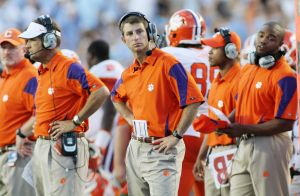 Clemson head coach Dabo Swinney instructs his team during the second half of the Tigers' showdown with North Carolina on Saturday. (AP Photo/Jim R. Bounds