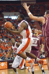 Clemson's K.C. Rivers goes up for a shot through the Boston College defense during the second half of a college basketball game Saturday, Jan. 20, 2007, in Clemson, S.C. Clemson defeated Boston College 74-54. (AP Photo/Emily Horos)