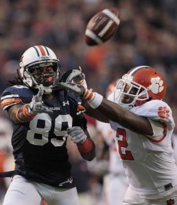 Clemson safety DeAndre McDaniel (2) breaks up a pass to Auburn's Miguel Chavis (89) in the first quarter of their NCAA college football game at Jordan-Hare Stadium in Auburn, Ala., Saturday, Sept. 18, 2010. (AP Photo/Dave Martin)