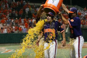 Head Coach Jack Leggett received a celebratory Gatorade bath after the Tigers claimed the regional title.