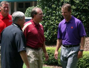 Dabo Swinney and Jimbo Fisher at the 2011 ACC Football Kickoff on Monday in Pinehurst, NC.
