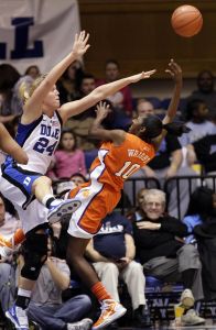 Duke's Kathleen Scheer blocks Clemson's Kirstyn Wright during the first half of the game. (AP Photo/Gerry Broome)