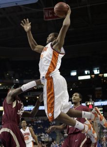 Clemson's Trevor Booker leaps for the hoop during the first half of a first round game of the men's Atlantic Coast Conference basketball tournament in Tampa, Fla., Thursday, March 8, 2007. (AP Photo/David J. Phillip)