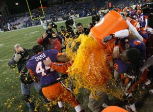 Head Coach Dabo Swinney gets doused with Gatorade following the Tigers' win over Kentucky in the Music City Bowl.