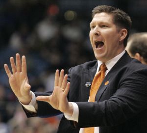 Clemson coach Brad Brownell calls a play in the first half of a first-round NCAA college basketball tournament game against UAB, Tuesday, March 15, 2011, in Dayton, Ohio. (AP Photo/Skip Peterson)
