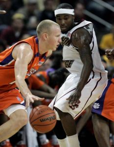 Clemson's Terrence Oglesby, left, drives past Boston College's Tyrese Rice during the second half of an NCAA college basketball game Tuesday, Feb 10, 2009, in Boston. Clemson won 87-77. (AP Photo/Michael Dwyer)