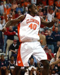 James Mays celebrates after scoring on a dunk in the first half of their second-round NIT basketball game against Mississippi in Clemson, S.C., Monday, March 19, 2007. (AP Photo/Independent-Mail, Sefton Ipock)
