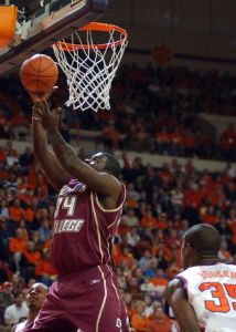 Boston College's Shamari Spears, left, scores past Clemson's Trevor Booker in the first half of a college basketball game, Saturday, Jan. 20, 2007, in Clemson, S.C. (AP Photo/Emily Horos)