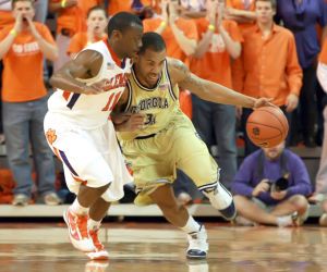 Georgia Tech's Maurice Miller, right, drives up court against Clemson's Andre Young during the first half of an NCAA college basketball game on Tuesday, March 2, 2010 at Littlejohn Coliseum in Clemson, S.C. (AP Photo/Anderson Independent-Mail, Mark Crammer)