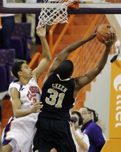 David Potter, left, tries to block the shot of Wake Forest's Jamie Skeen during the first half of the basketball game in Clemson, S.C., Tuesday, Jan. 22, 2007. (AP Photo/Patrick Collard)