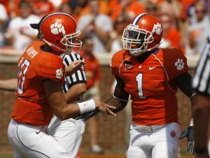 Clemson's James Davis (1) celebrates with teammate Cullen Harper after scoring a touchdown against Furman during a college football game in Clemson, S.C., Saturday, Sept. 15, 2007. (AP Photo/Patrick Collard)