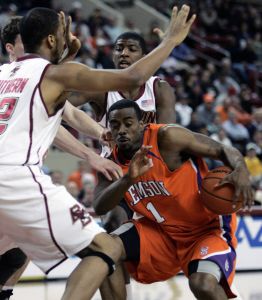 Boston College's Josh Southern, left, blocks Clemson's K.C. Rivers (1) in the first half of an NCAA college basketball game, Tuesday, Feb 10, 2009, in Boston. (AP Photo/Michael Dwyer)