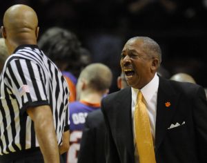 Clemson coach Oliver Purnell complains about a call during an NCAA college basketball game against Virginia Tech in Blacksburg, Va., Thursday, Jan. 29, 2009. Clemson won 86-82.