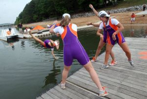 Taylor Hoynacki, Katie Mosier, Rebekah Clogston, Kenzie DuBrul throw Carissa Richardson in the lake, Varsity 4+