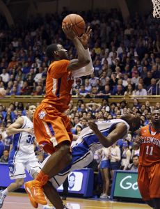Clemson's Demontez Stitt drives to the basket past Duke's Nolan Smith during the second half an NCAA college basketball game in Durham, N.C., Wednesday, March 2, 2011. (AP Photo/Gerry Broome)