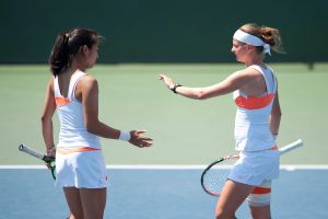 STANFORD, CA-MAY 30, 2011 - Women's doubles finals of the 2011 NCAA Tennis Championships at Taube Tennis Stadium at Stanford, CA. Josipa Bek and Keri Wong