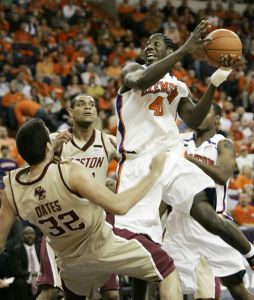 Clemson's James Mays (40) drives for the basket as Boston College's Tyler Roche (21) and John Oates (32) defend during the first half of their basketball game Saturday, Feb. 2, 2008, at Littlejohn Coliseum in Clemson, S.C. Clemson defeated Boston College 78-56. (AP Photo/Mary Ann Chastain)