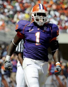 Clemson's James Davis celebrates after scoring a touchdown in the second quarter against South Carolina State in an NCAA college football game Saturday, Sept. 20, 2008, in Clemson, S.C. (AP Photo/Richard Shiro)