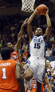 Duke's Gerald Henderson (15) shoots over Clemson defenders in the first half of a basketball game in Durham, N.C., Saturday, Jan. 19, 2008.