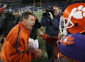 Head Coach Dabo Swinney gets doused with Gatorade following the Tigers' win over Kentucky in the Music City Bowl.