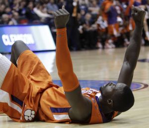 Clemson center Jerai Grant clenches his fists after making a basket while being fouled in the first half of a first-round NCAA college basketball tournament game against UAB, Tuesday, March 15, 2011, in Dayton, Ohio. (AP Photo)