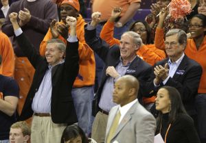 Sen. Lindsay Graham, former Sen. Daniel Coats, and former Sen. Trent Lott, from left, react during the second overtime.