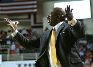 Clemson head basketball coach Oliver Purnell appeals a call during the first half of their college basketball game against Liberty at the Vines Center in Lynchburg, Va., Tuesday, Nov. 17, 2009. (AP Photo/Steve Helber)
