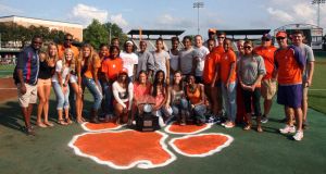 women's track and field team trophy presentation