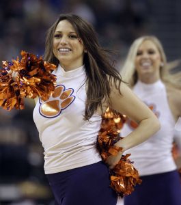 Clemson cheerleaders perform during half time at the east regional second round NCAA tournament college basketball game against West Virginia in Tampa, Fla., Thursday, March 17, 2011. (AP Photo/Chris O'Meara)