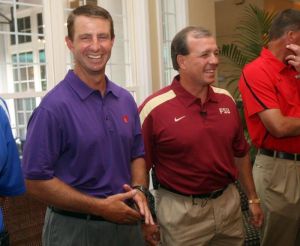Dabo Swinney and Jimbo Fisher at the 2011 ACC Football Kickoff on Monday in Pinehurst, NC.