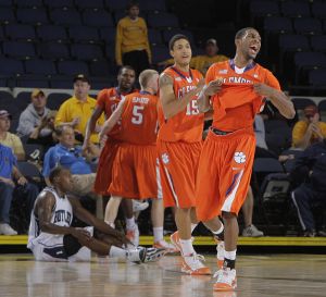Clemson's Demontez Stitt, right, celebrates his team's 70-69 win against Butler in an NCAA college basketball game in the 76 Classic in Anaheim, Calif., Sunday, Nov. 29, 2009. Clemson won 70-69.