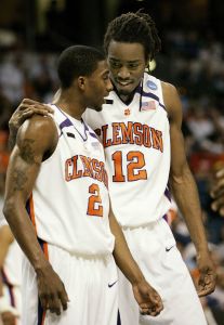 Clemson's Raymond Sykes hugs teammate Demontez Stitt during the first half. (AP Photo/John Raoux)