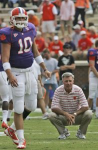 Clemson's Tommy Bowden looks on as his quarterback Cullen Harper(10) warmup before the start. (AP Photo/Mary Ann Chastain)