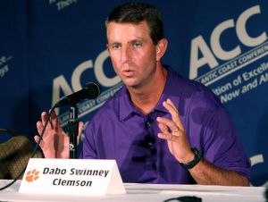 Dabo Swinney talks to the television media at the 2011 ACC Football Kickoff on Monday in Pinehurst, NC.