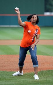 Lady Tiger Basketball Head Coach Itoro Coleman threw out the first pitch prior to the game.