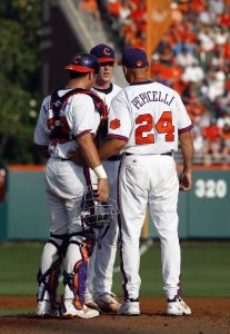 Pitching Coach Dan Pepicelli, Casey Harman and Spencer Kieboom